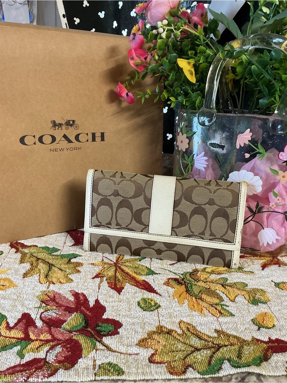Coach Brown Signature Canvas Continental Wallet with Cream Trim